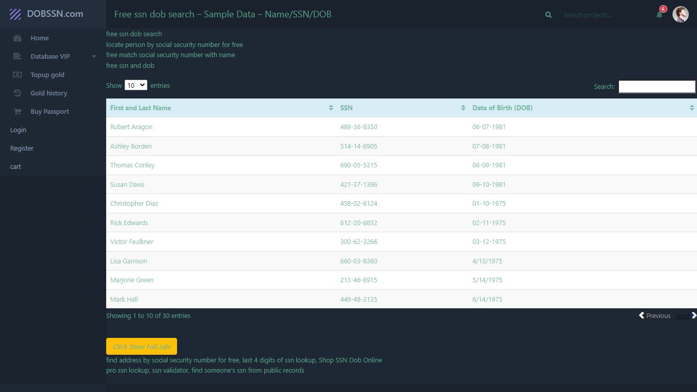 Free ssn dob search – Sample Data – Name/SSN/DOB